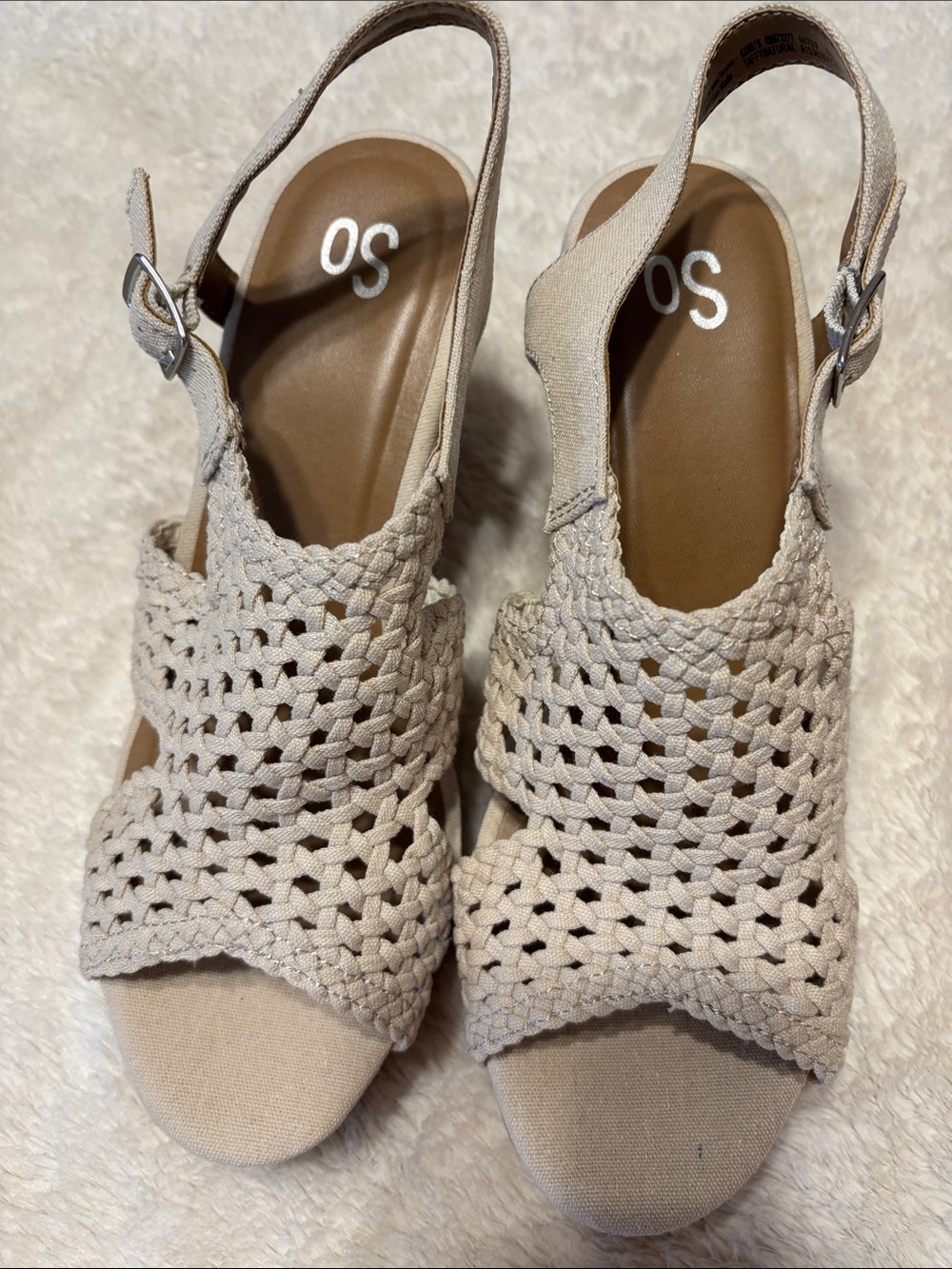 SO *BRAND NEW” Woven Peep-Toe Slingback Wedges in Tan     Sz 10